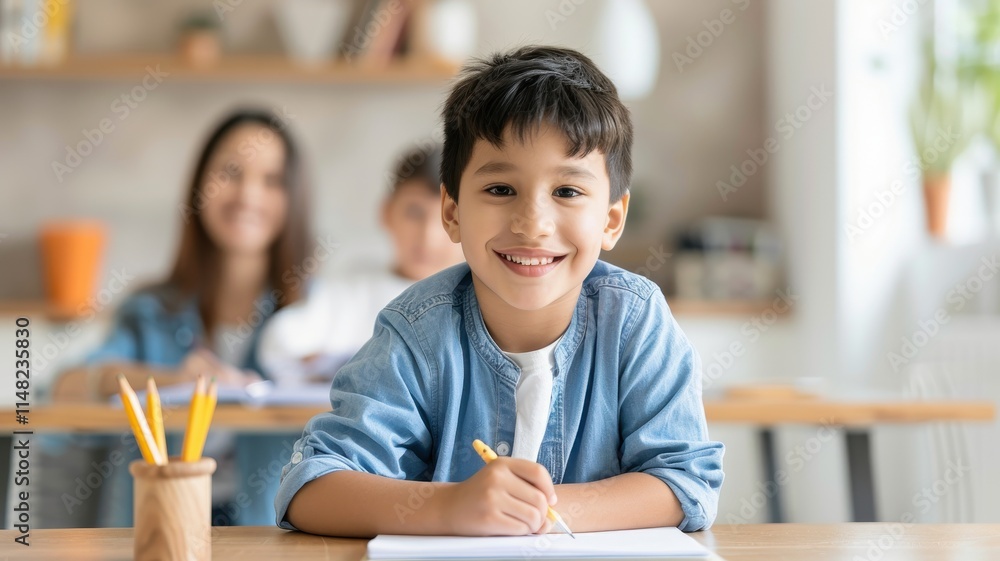 A cheerful boy smiles while writing at a table, with a woman and another child in the background, surrounded by a cozy, bright environment. A cheerful boy smiles while writing at a table, with a woman and another child in the background, surrounded by a cozy, bright environment.