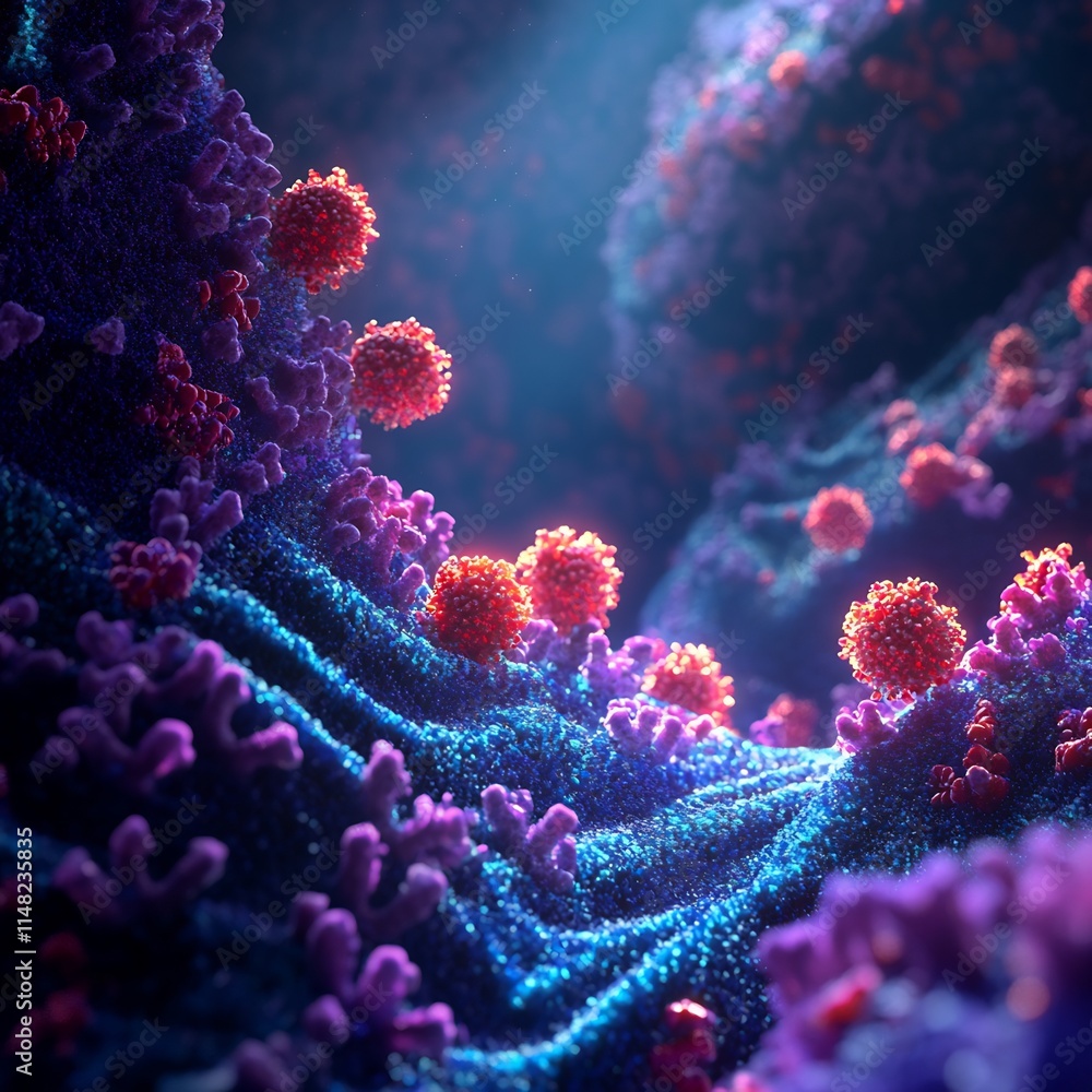 Naklejka premium Microscopic view of viruses attaching to a cell surface, showcasing intricate details and vibrant colors.