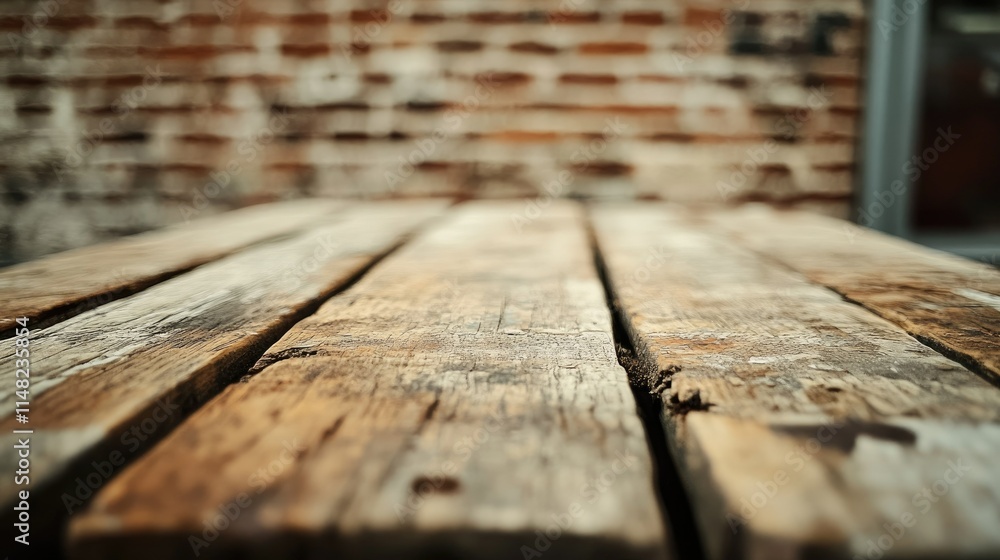 Rustic Wooden Table Surface with Weathered Planks Against a Blurred Brick Wall Background in a Warm Earthy Tone, Ideal for Craft and Vintage Themes Rustic Wooden Table Surface with Weathered Planks Against a Blurred Brick Wall Background in a Warm Earthy Tone, Ideal for Craft and Vintage Themes