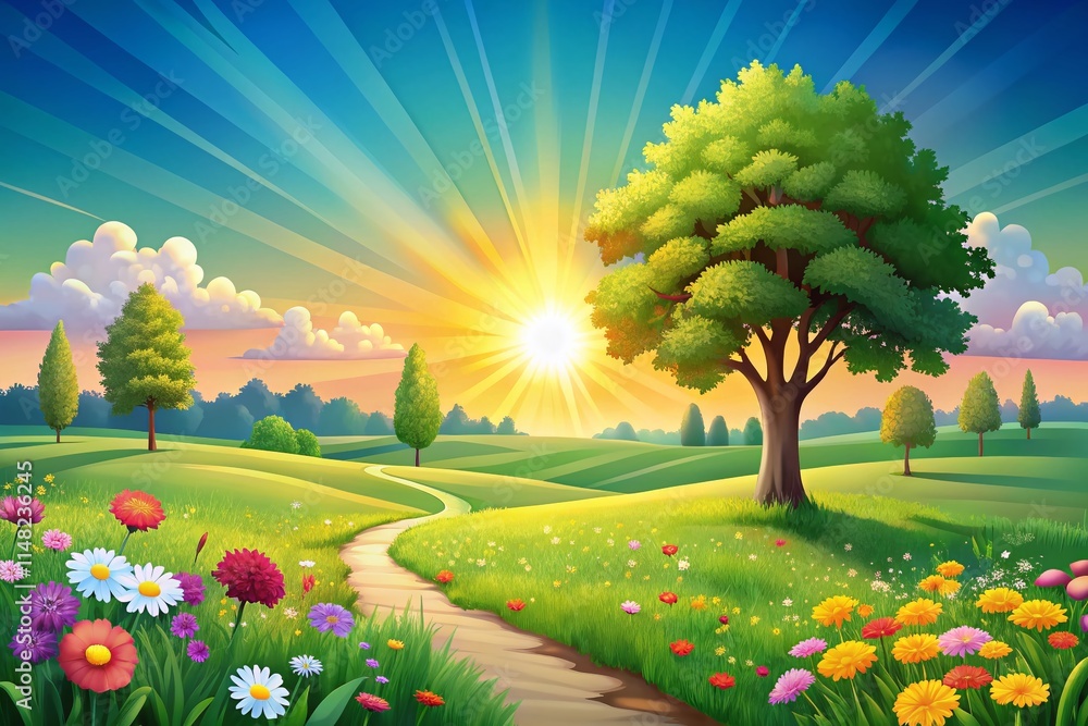 Naklejka premium Minimalist Sunrise Meadow: Cartoon Nature Landscape Illustration