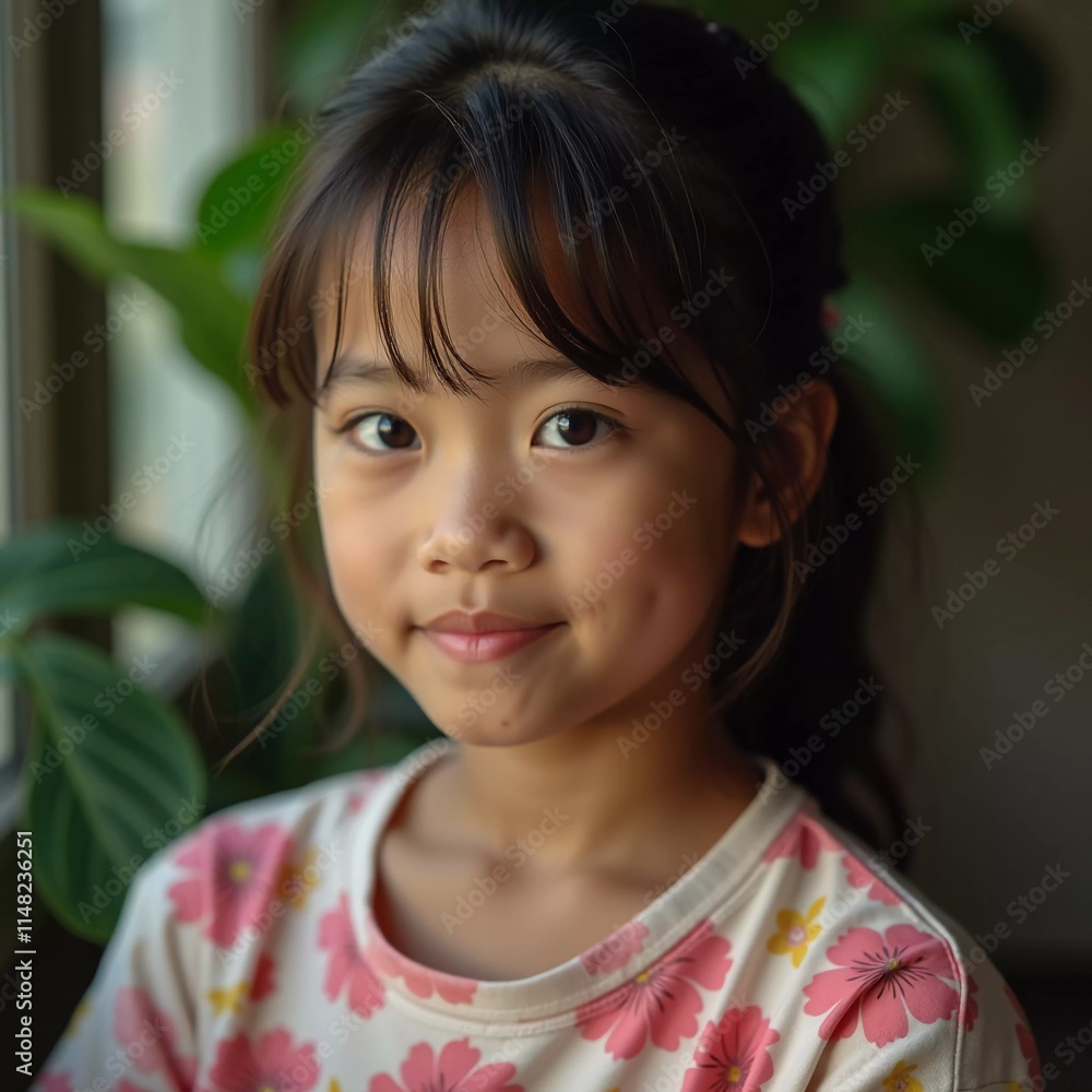 A young girl in Thailand, around seven years old, smiles gently while sitting by a bright window. Generative AI A young girl in Thailand, around seven years old, smiles gently while sitting by a bright window. Generative AI