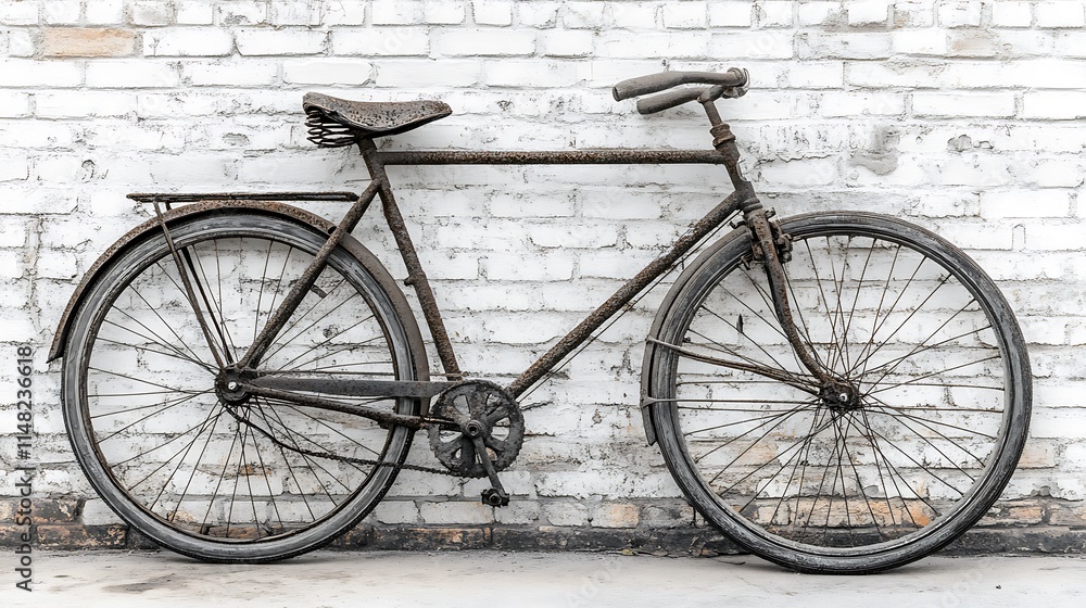 Old bicycle leaning against a white brick wall. Old bicycle leaning against a white brick wall.