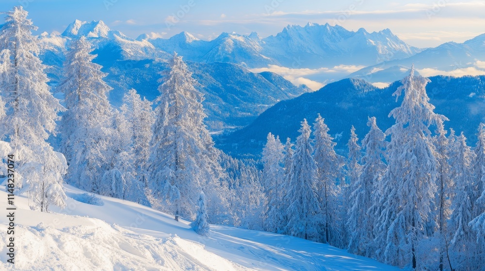 A serene winter landscape with snow-covered trees and majestic mountains in the background. A serene winter landscape with snow-covered trees and majestic mountains in the background.