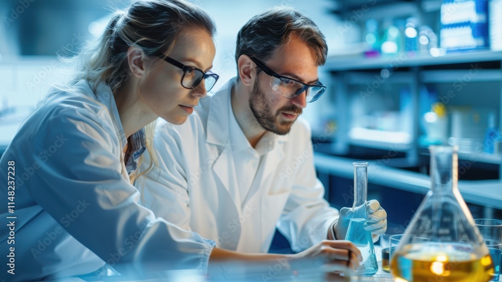 Two scientists in lab coats analyze substances in beakers, showcasing collaboration and experimentation in a modern laboratory environment. Two scientists in lab coats analyze substances in beakers, showcasing collaboration and experimentation in a modern laboratory environment.