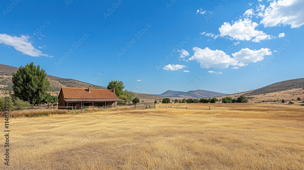 Rustic farmhouse on dry, golden field under blue sky with mountains in background. Rustic farmhouse on dry, golden field under blue sky with mountains in background.