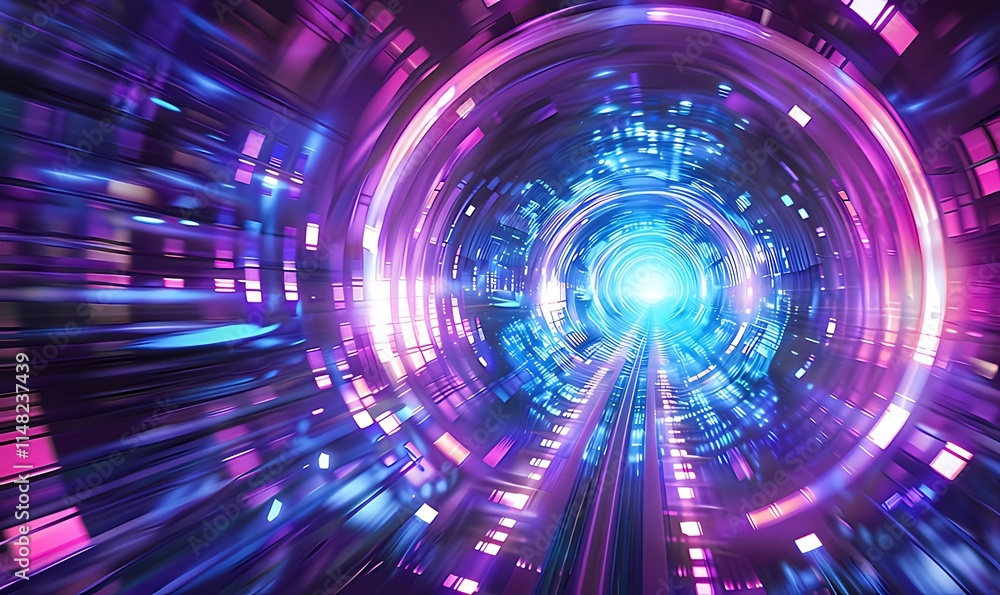 Abstract digital tunnel with glowing neon lights and speed effect. Abstract digital tunnel with glowing neon lights and speed effect.