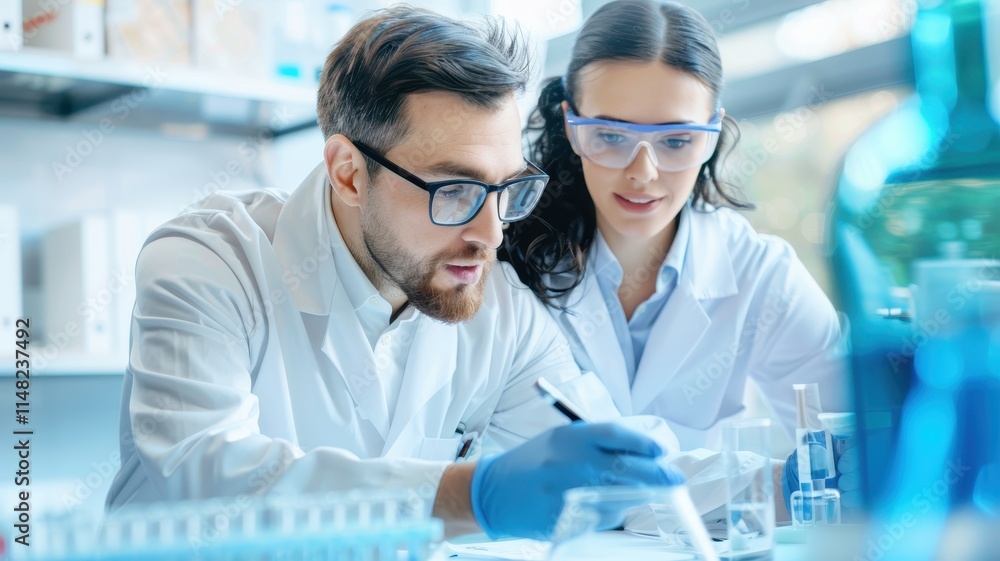 A collaborative scene in a lab where two scientists, a man and a woman, analyze samples while wearing protective gear and working with laboratory equipment. A collaborative scene in a lab where two scientists, a man and a woman, analyze samples while wearing protective gear and working with laboratory equipment.