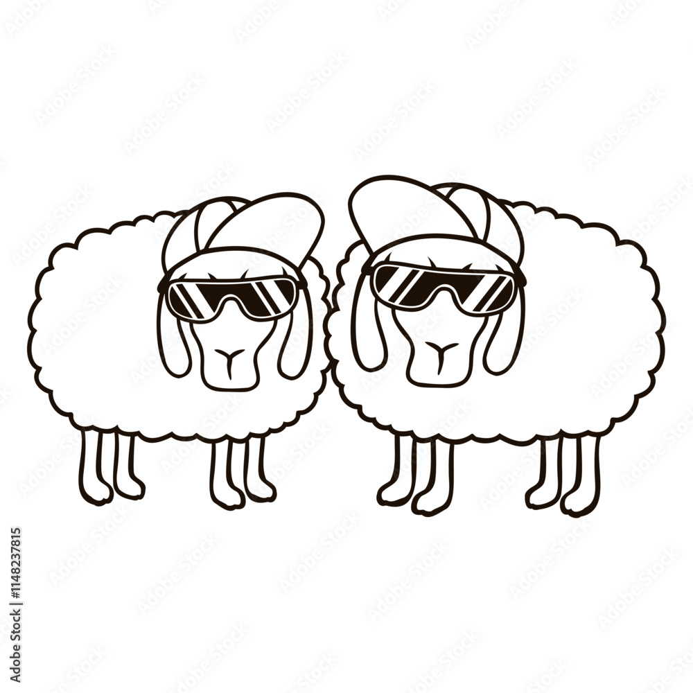 Obraz premium 2 Sheep Sunglasses Party Sheep Team Cool Friends Design Lover Art Vector Illustration Card T-Shirt Poster Sticker Graphic Print Decorative Drawing Isolated Logo Decoration Symbol Creative Cool Style 
