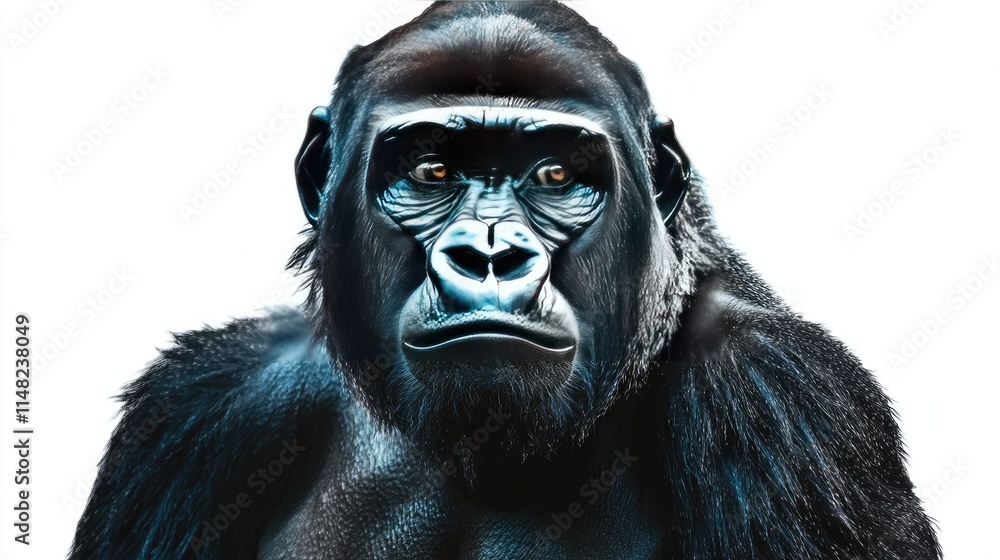 Majestic Portrait of a Powerful Gorilla Against a White Background, Showcasing Intricate Features and Captivating Expression of This Remarkable Primate Species Majestic Portrait of a Powerful Gorilla Against a White Background, Showcasing Intricate Features and Captivating Expression of This Remarkable Primate Species
