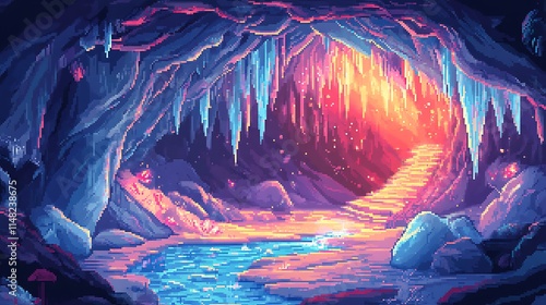 Pixel cave with light.