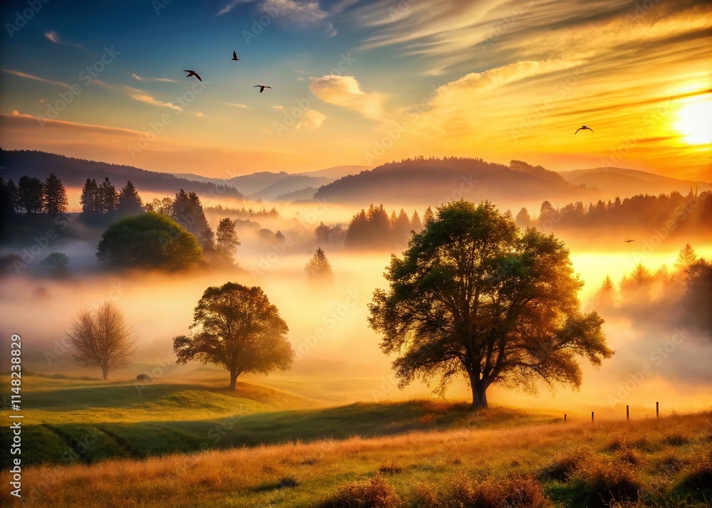 Fototapeta premium Misty Meadow Silhouette Photography: Foggy Field Sunrise, Silhouette Landscape, Dreamy Nature Scene
