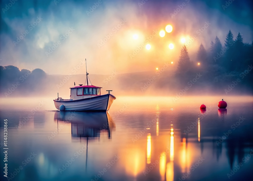 Fototapeta premium Misty Morning Boat, Foggy Harbor Scene, Bokeh Photography, Watercraft in Mist, Atmospheric River Scene