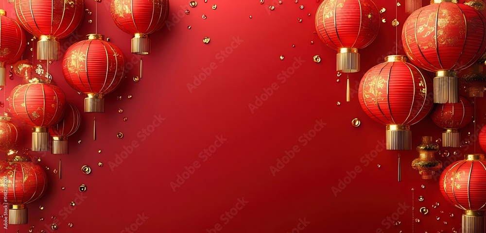 Red Chinese lanterns with gold accents on a red background. Red Chinese lanterns with gold accents on a red background.