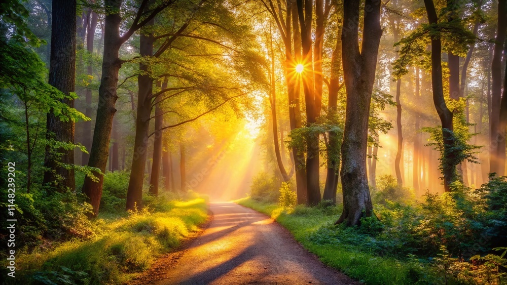 Fototapeta premium Misty Sunrise Pathway, Forest Trail, Sunbeams, Magical Woods, Autumn Path, Nature Photography, Golden Hour, Peaceful Scene, Woodland Walk
