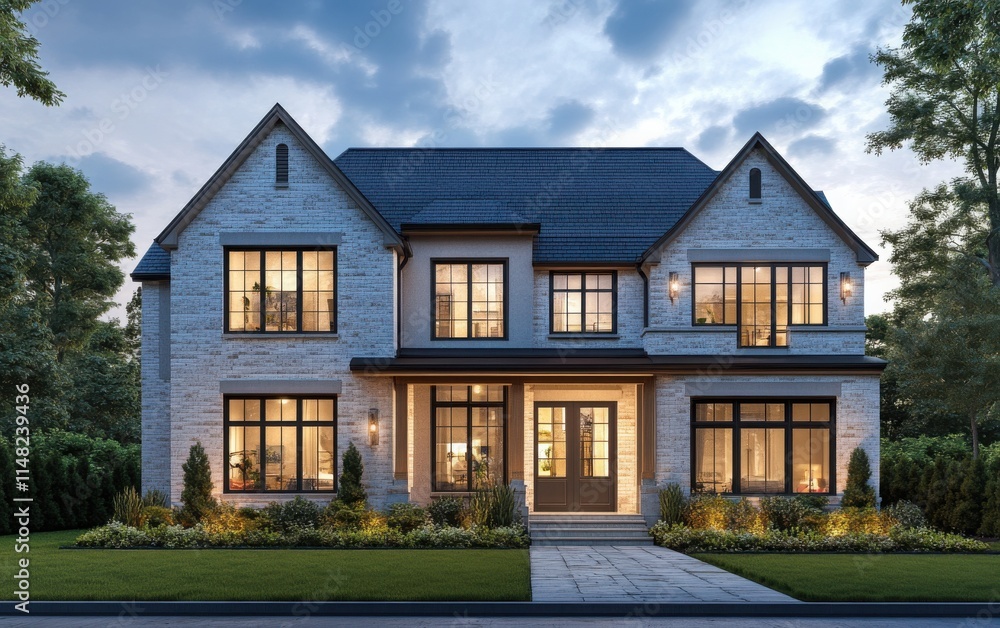 A photorealistic exterior rendering of a contemporary family home with two floors, featuring a minimalist white and brown facade, large modern windows, green trees in the background A photorealistic exterior rendering of a contemporary family home with two floors, featuring a minimalist white and brown facade, large modern windows, green trees in the background