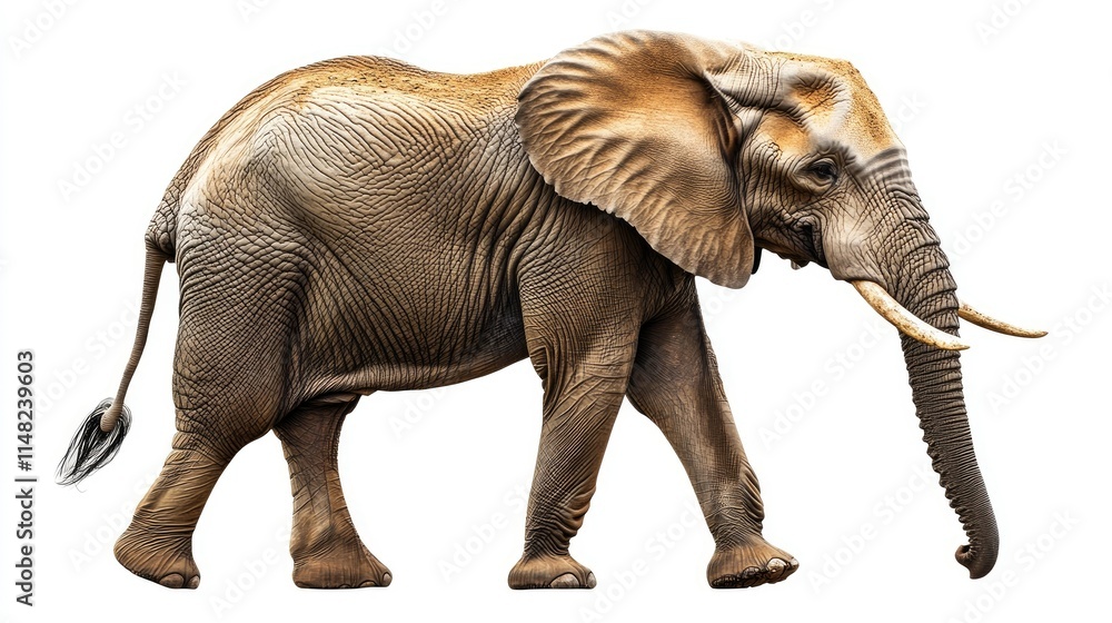 Obraz premium Realistic Elephant Walking in Profile Surrounded by a White Background, Showcasing Majestic Features and Textures of the Animal's Skin and Tusks