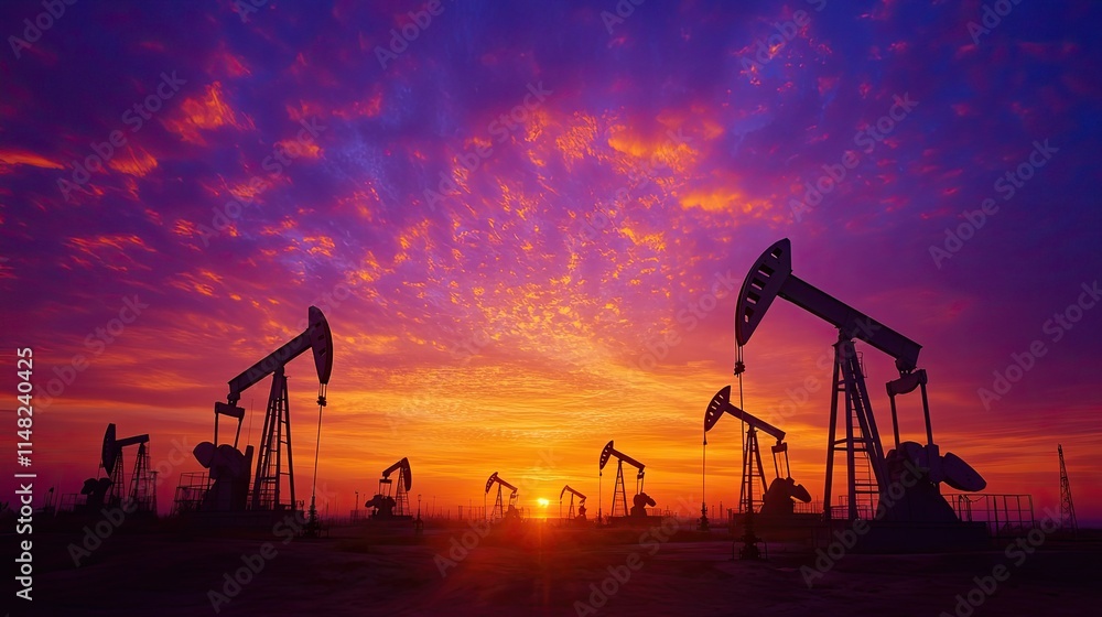 Dramatic Sunset Over Oil Pumps in Silhouette, Showcasing the Beauty of Industrial Energy Generation Against a Vibrant Sky at Dusk Dramatic Sunset Over Oil Pumps in Silhouette, Showcasing the Beauty of Industrial Energy Generation Against a Vibrant Sky at Dusk