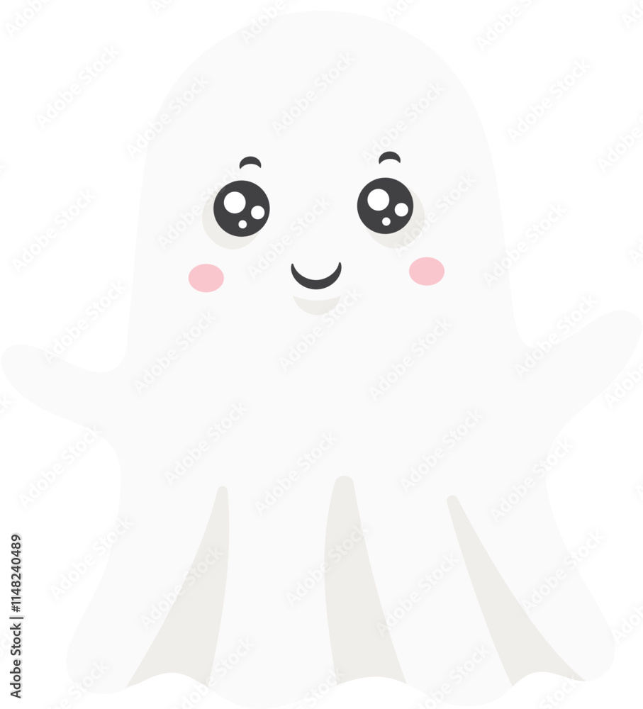 Adorable cartoon ghost with large black eyes and rosy pink cheeks, smiling and waving cheerfully, adding a playful touch to Halloween projects and children s designs Adorable cartoon ghost with large black eyes and rosy pink cheeks, smiling and waving cheerfully, adding a playful touch to Halloween projects and children s designs
