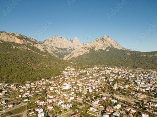 Mediterranean village aerial view, farming and hills photo