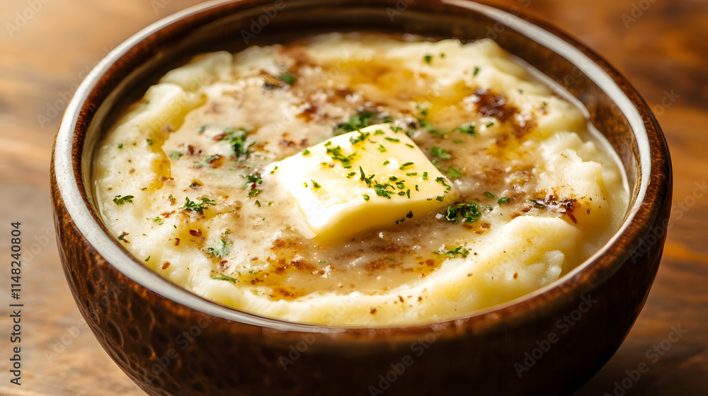 A comforting bowl of mashed potatoes with butter and gravy, perfect for a winter dinner (1) A comforting bowl of mashed potatoes with butter and gravy, perfect for a winter dinner (1)