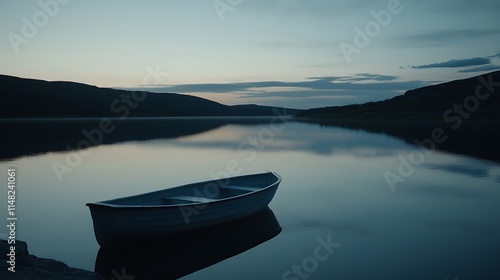 Boat floats on calm lake.