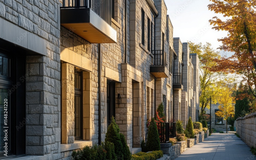 Naklejka premium Contemporary townhouses with stone facades located in the suburbs of Montreal, Canada