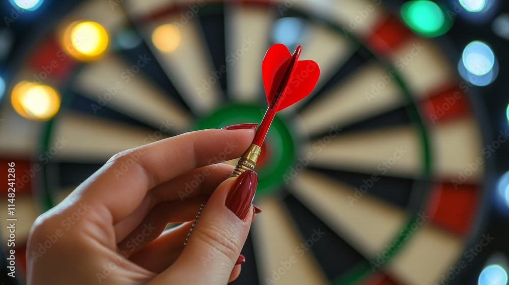 Business professional aiming for success with dartboard in office setting Business professional aiming for success with dartboard in office setting