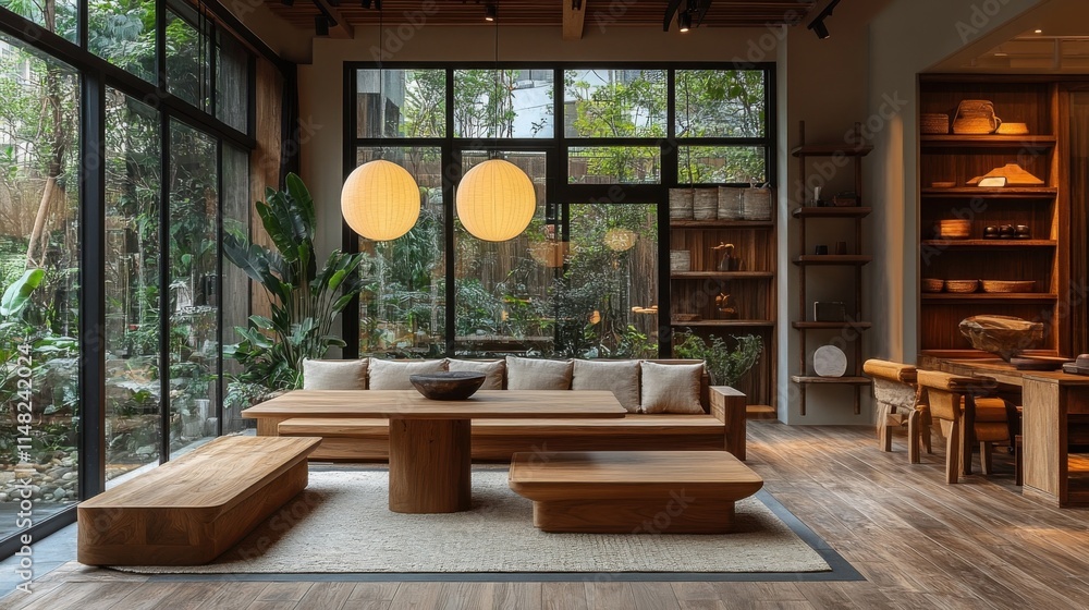 Obraz premium Serene Wooden Room: Tranquil Zen Design with Natural Light