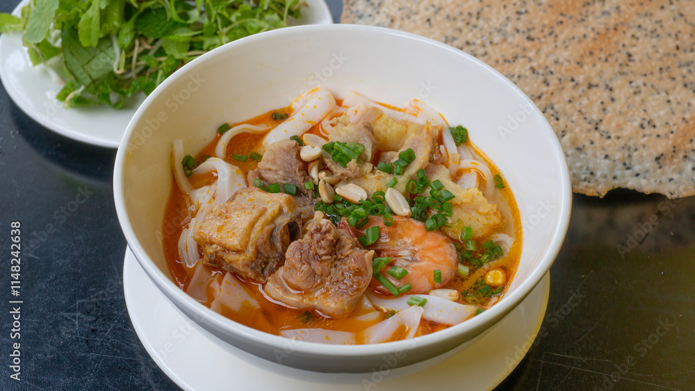 Vietnamese noodle Mi Quang. Mi Quang, Vietnamese rice noodles with meat, chicken stock, shrimp, egg, Vietnamese food. Vietnamese noodle Mi Quang. Mi Quang, Vietnamese rice noodles with meat, chicken stock, shrimp, egg, Vietnamese food.