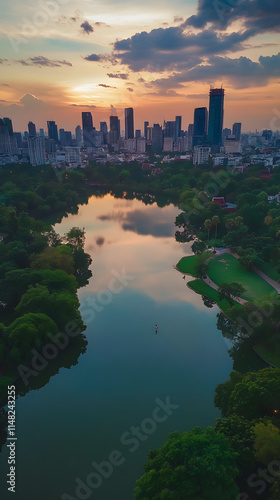 Peaceful Sunset Aerial View of Benjakitti Park, Bangkok photo