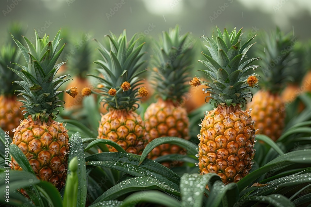 Ripe Pineapples Growing In A Lush Green Field Ripe Pineapples Growing In A Lush Green Field