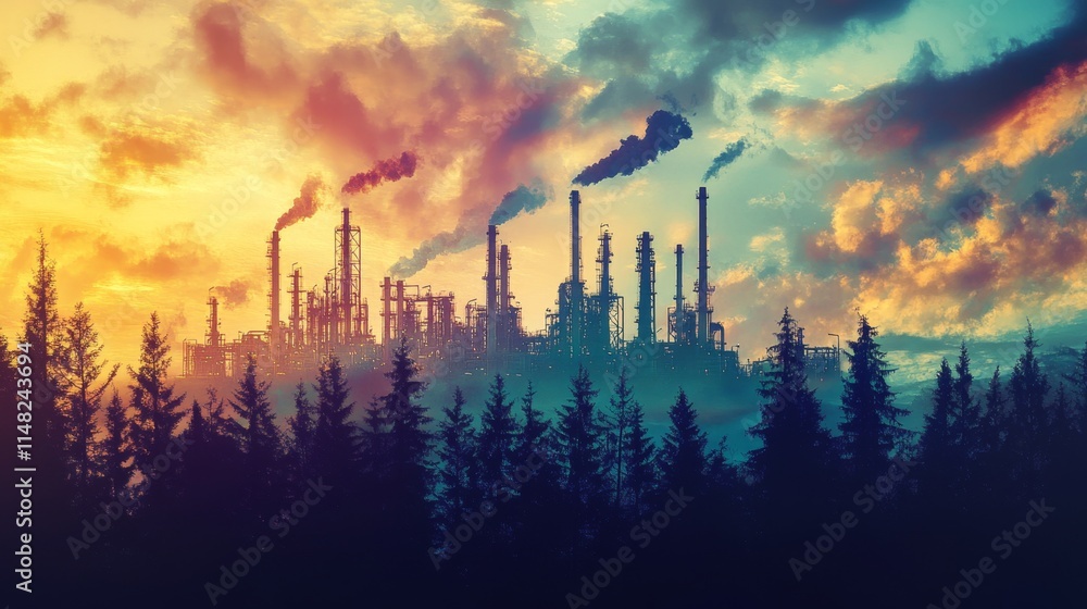 Obraz premium Industrial pollution impact on environment urban area digital art dusk dramatic view environmental awareness