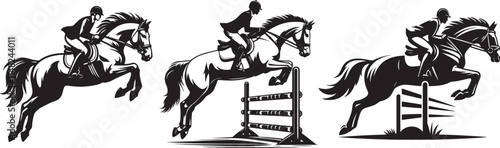Equestrian riders jumping hurdles.