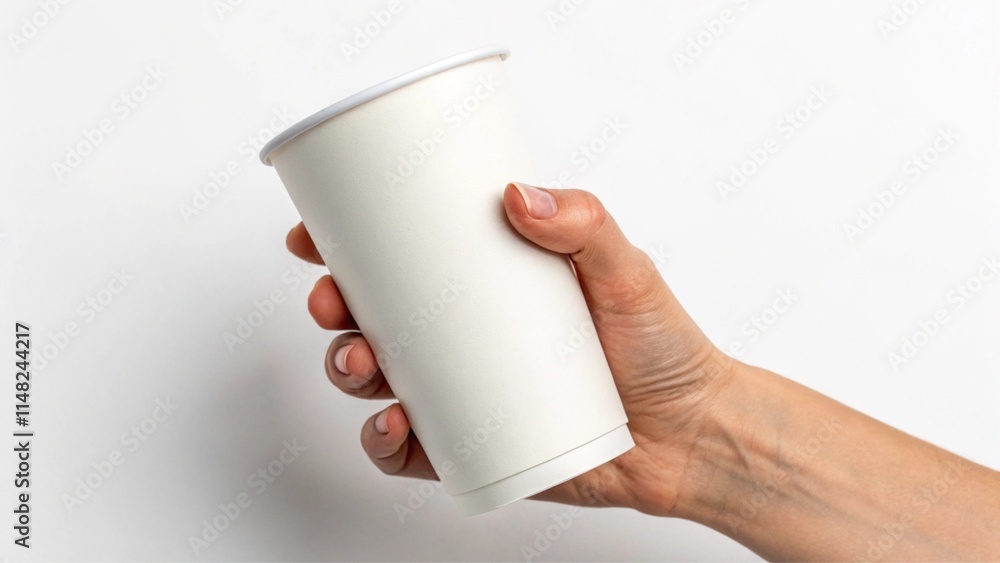 Hand Holding Blank Unbranded Take Away Paper Cup Against Clean White Background Hand Holding Blank Unbranded Take Away Paper Cup Against Clean White Background