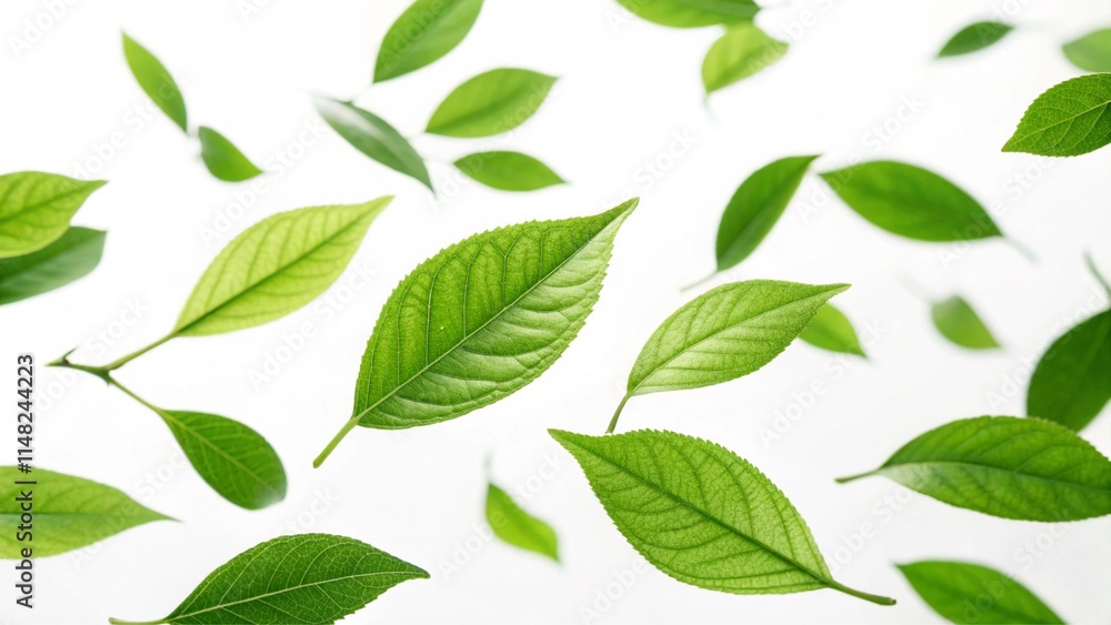 Green Leaves Flying Floating in Air against Clean White Background, Natural Ingredient, Plant-Based, Vegan and Vegetarian Green Leaves Flying Floating in Air against Clean White Background, Natural Ingredient, Plant-Based, Vegan and Vegetarian