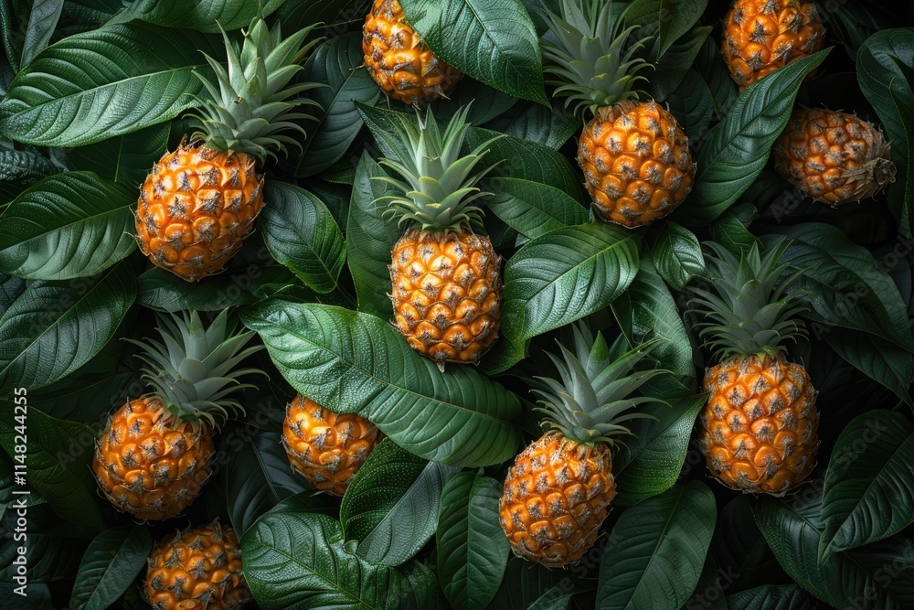 Lush Green Leaves Surround Ripe Mini Pineapples Lush Green Leaves Surround Ripe Mini Pineapples