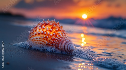 Warm summer colors illuminate the beach at sunset with a seashell on the shore.