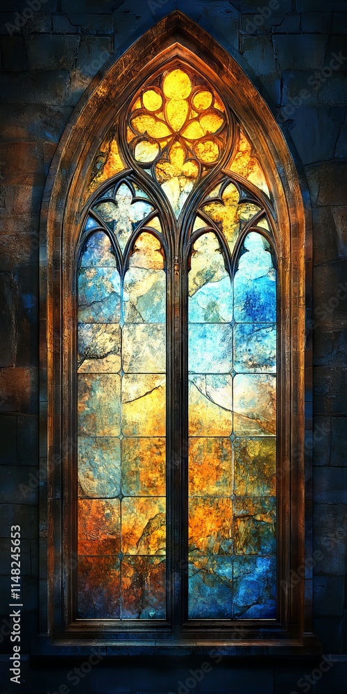 A stained glass window with a blue and yellow design. The window is in a building with a stone exterior A stained glass window with a blue and yellow design. The window is in a building with a stone exterior