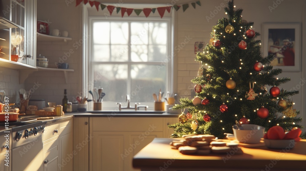 Fototapeta premium Cozy Christmas Kitchen with Beautiful Tree and Decorated Window