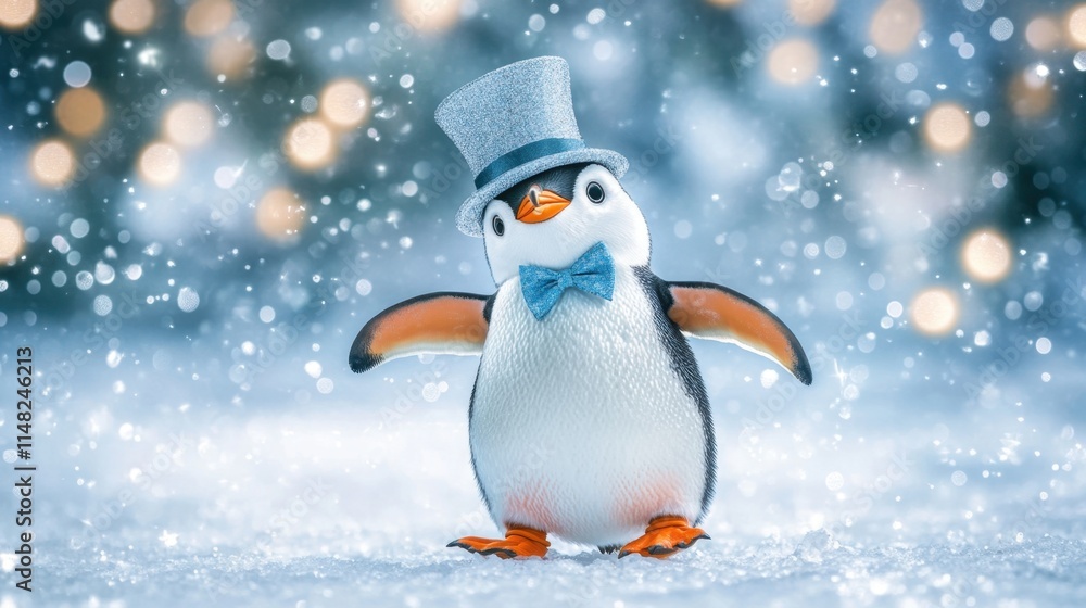 Charming Penguin in Top Hat and Bow Tie against Snowy Background Charming Penguin in Top Hat and Bow Tie against Snowy Background