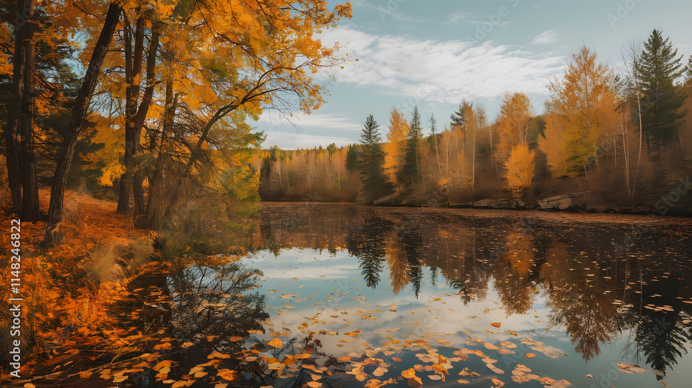 Obraz premium A photo of a serene autumn scene with a calm lake reflecting the orange and yellow leaves that have 