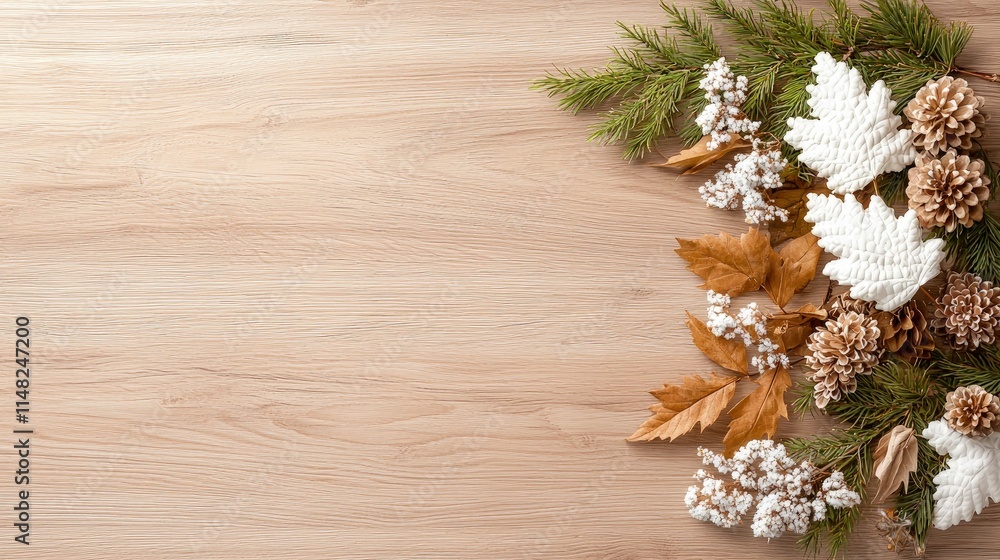 Festive winter arrangement with pine, cones, and leaves on wood. Festive winter arrangement with pine, cones, and leaves on wood.