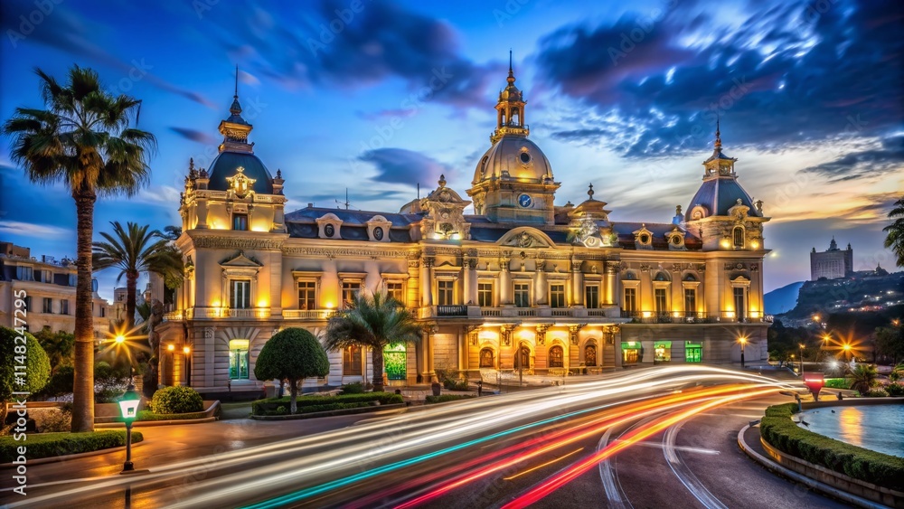 Obraz premium Monaco Casino Night Long Exposure Photography - Historic Architecture, Monte Carlo, Gambling, Cityscape, Luxury
