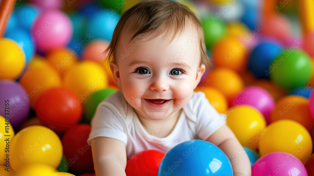 joyful baby playing in colorful ball pit, surrounded by vibrant balls joyful baby playing in colorful ball pit, surrounded by vibrant balls