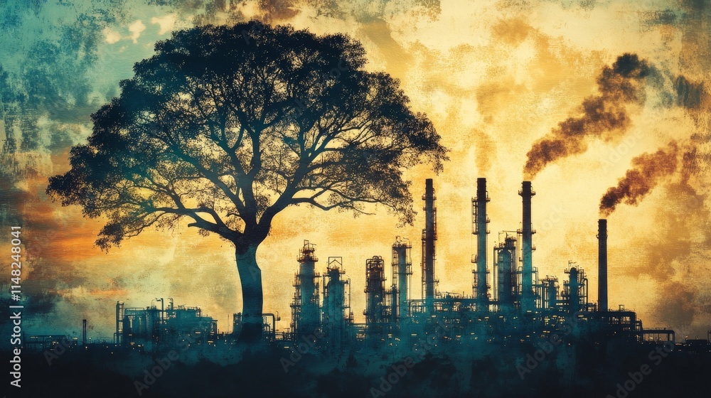 Obraz premium Industrial pollution impacting nature urban landscape digital art evening glow environmental awareness
