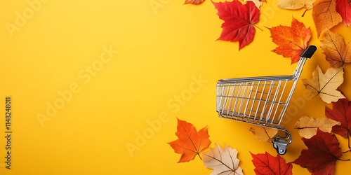 Autumn Leaves Surround Small Shopping Cart On Yellow