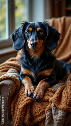 Long-haired Dachshund sitting on a couch, looking attentive with one paw raised. photo