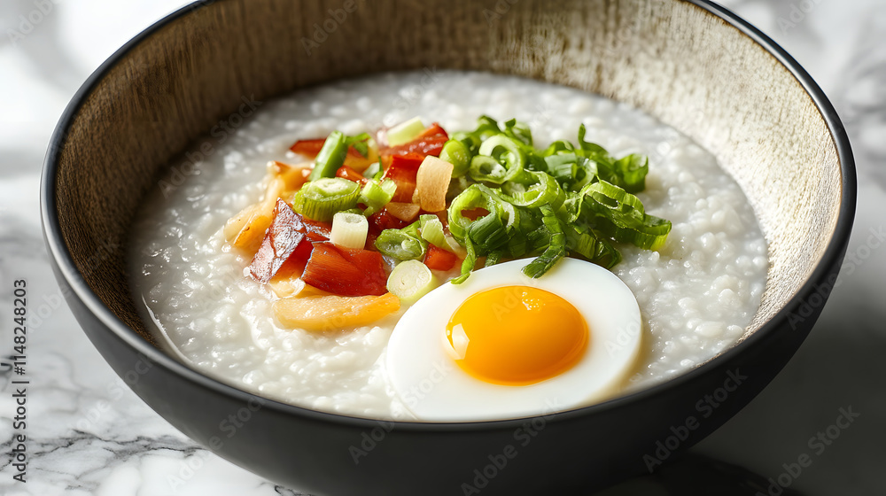 A warm and comforting bowl of congee, topped with pickled vegetables and a soft-boiled egg (2) A warm and comforting bowl of congee, topped with pickled vegetables and a soft-boiled egg (2)