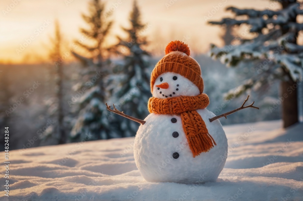 A cheerful snowman stands in a snowy landscape. It wears an orange knit hat and scarf, its face is adorned with coal eyes and a carrot nose. The sun sets behind creating a warm glow. A cheerful snowman stands in a snowy landscape. It wears an orange knit hat and scarf, its face is adorned with coal eyes and a carrot nose. The sun sets behind creating a warm glow.