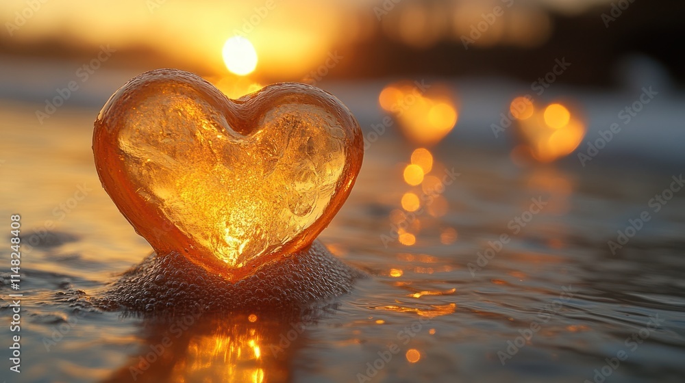 Fototapeta premium Glass heart on beach at sunset.